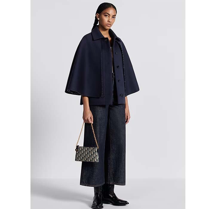 Dior Women CD Cape-Effect Peacoat Navy Blue Double-Sided Virgin Wool Silk Oblique Interior