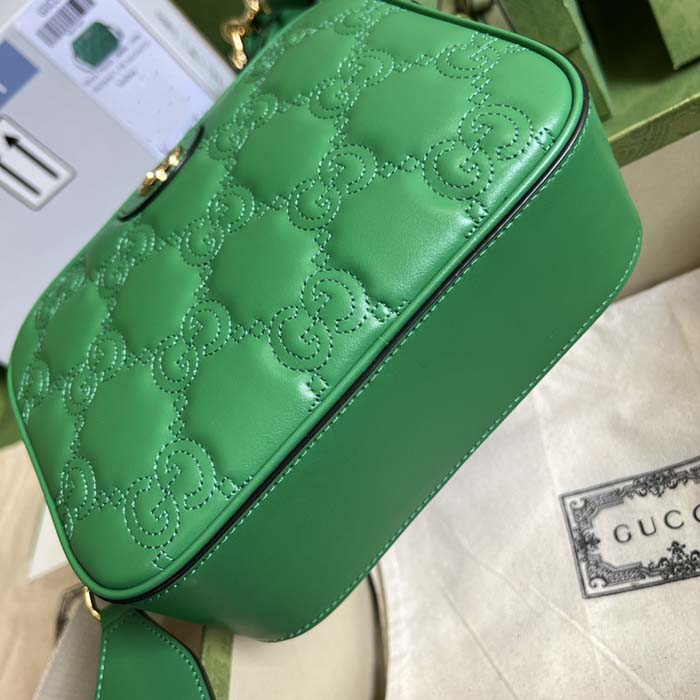 Gucci Women GG Matelassé Leather Small Bag Bright Green Double G Zip Closure