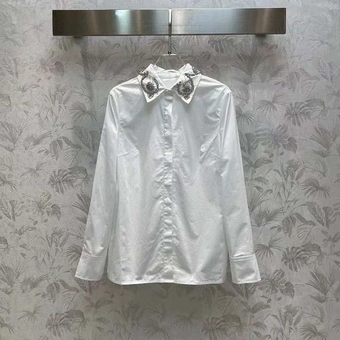 Gucci Men GG Cotton Poplin Shirt Embroidery Long Sleeves Concealed Placket