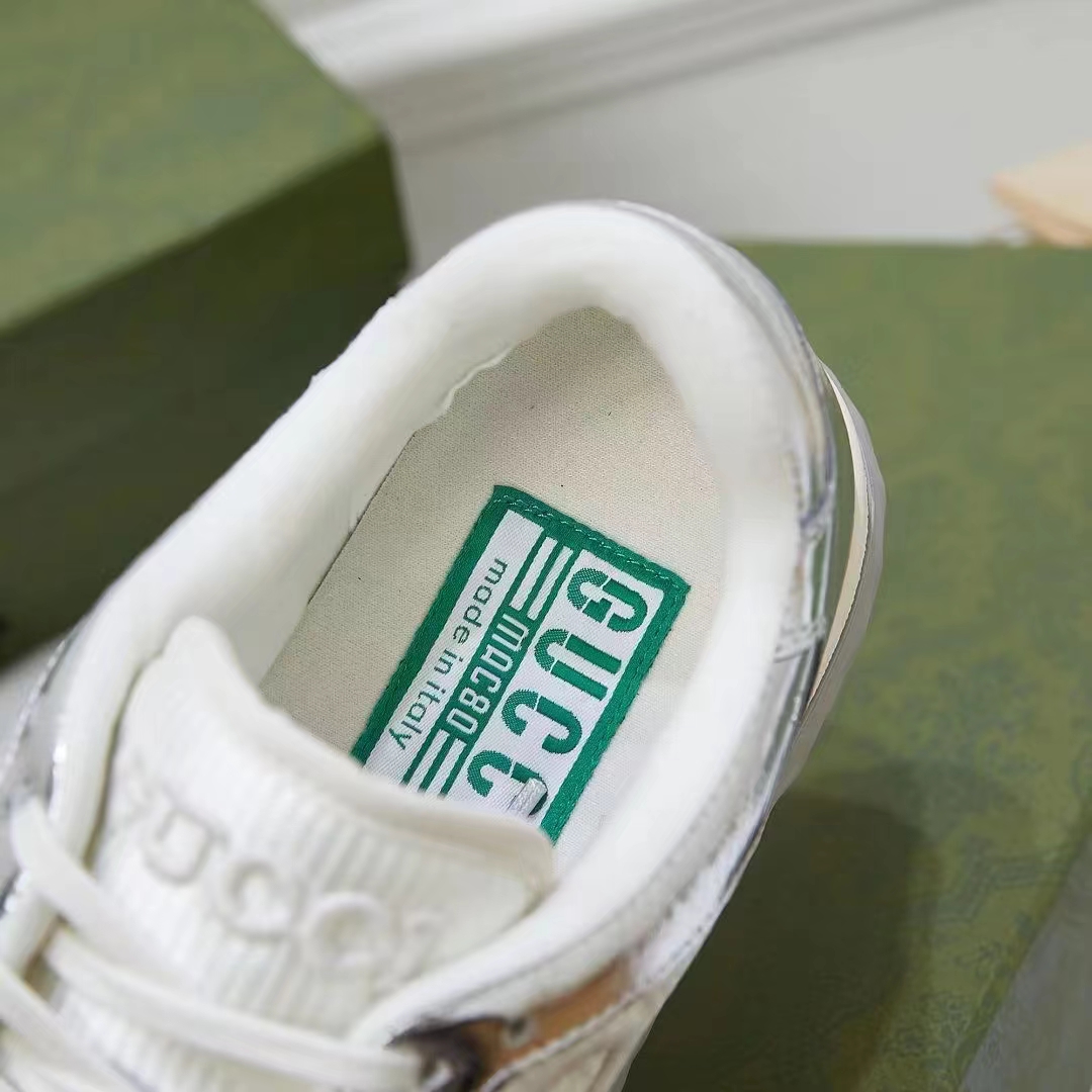 Gucci Unisex GG MAC80 Sneaker Metallic Silver Leather Round Toe Rubber Flat