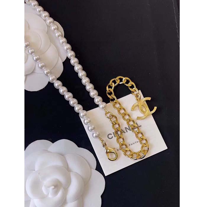 Chanel Women CC Chain Belt Metal Glass Pearls Strass Gold Pearly White Crystal