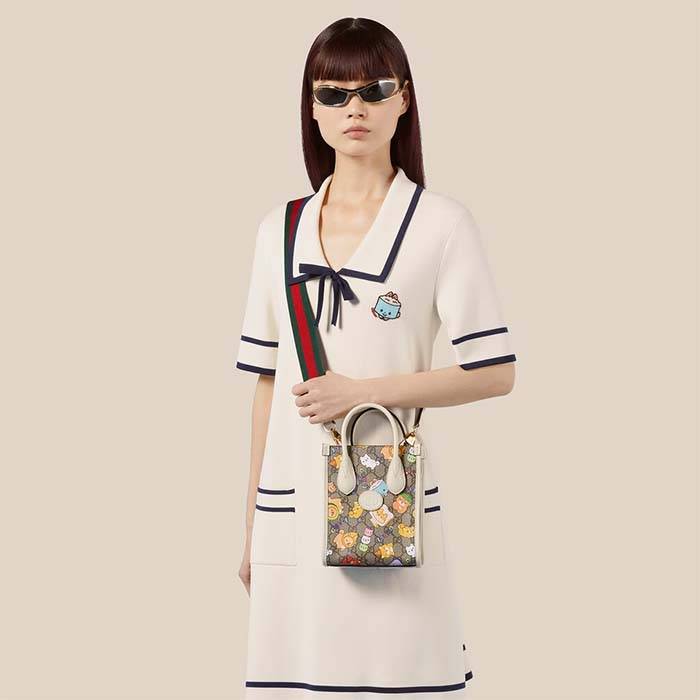 Gucci Unisex Animal Print Mini Tote Bag Beige Ebony GG Supreme Canvas