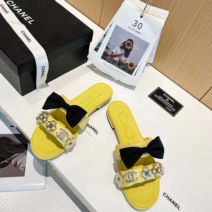 Chanel Women Mules Lambskin Yellow Black 1.5 Cm Heel