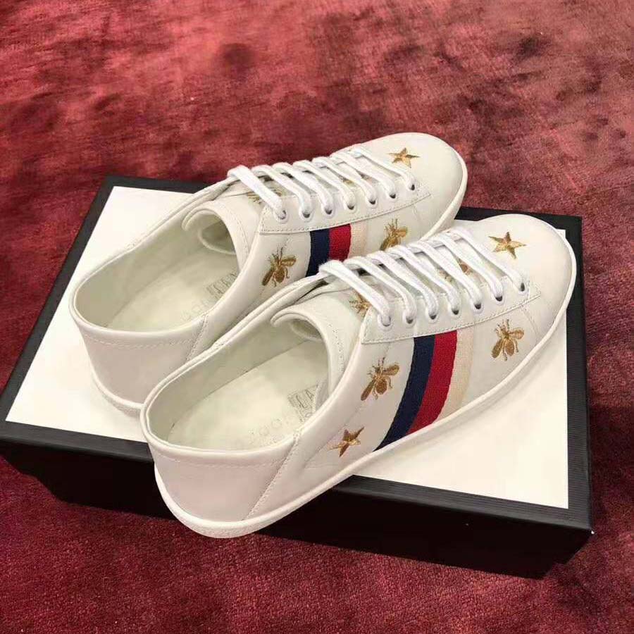 Gucci Women’s Ace Embroidered Sneaker in White Leather with Bees and Stars