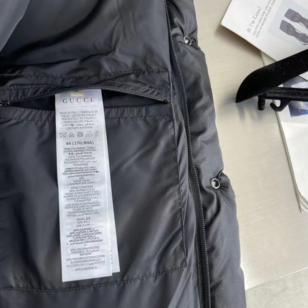 Gucci Women GG Water Repellant Down Jacket Black Water Nylon Satin Zip Front Zip Pockets