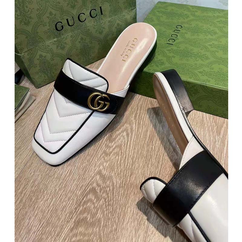 Gucci Women GG Slipper Double G White Leather Matelassé Chevron Insert