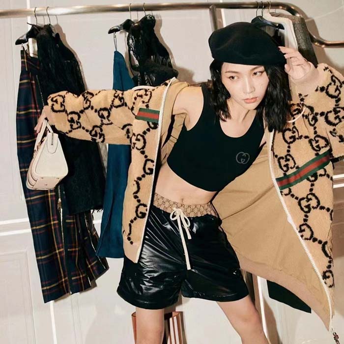 Gucci Women Maxi GG Wool Jersey Jacket Beige Black Polyamide Polyester