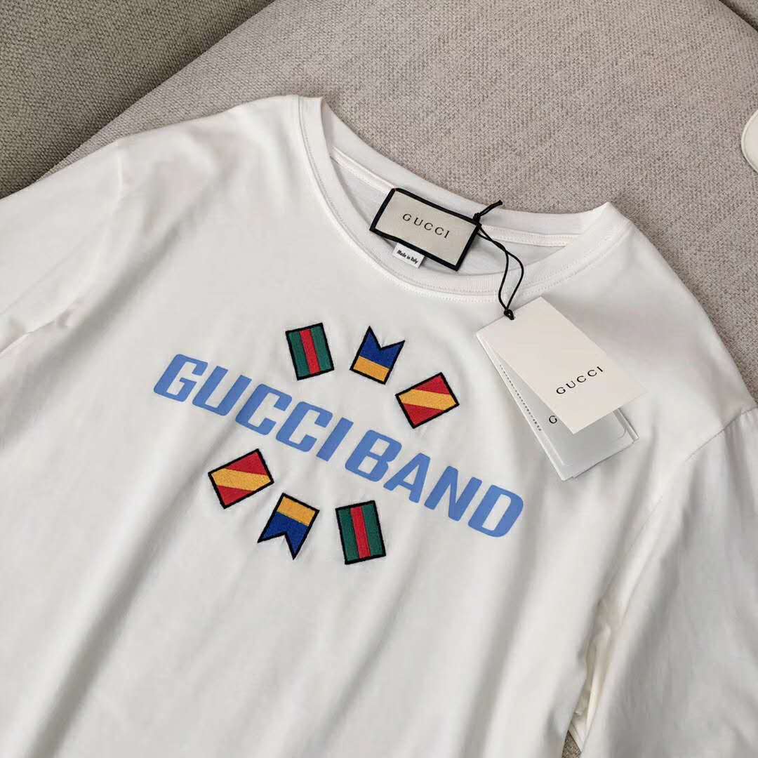 Gucci Men Gucci Band Oversize Print T-Shirt in White Cotton Jersey
