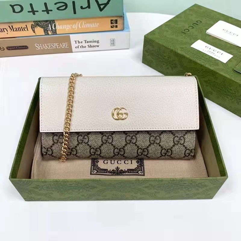 Gucci Women GG Marmont Chain Wallet White Beige Ebony GG Supreme Canvas