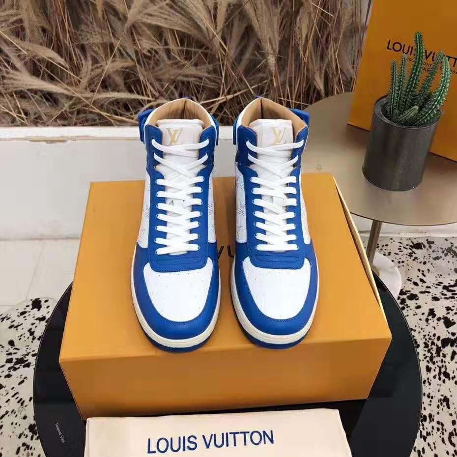 Louis Vuitton LV Unisex Rivoli Sneaker Boot in Monogram Grained Calf Leather-Blue