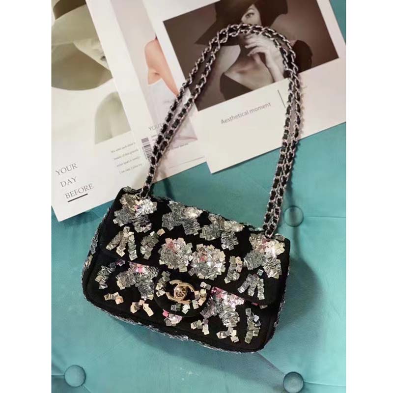 Chanel Women CC Classic Handbag Embroidered Velvet Sequins Silver-Tone Metal Black Silver