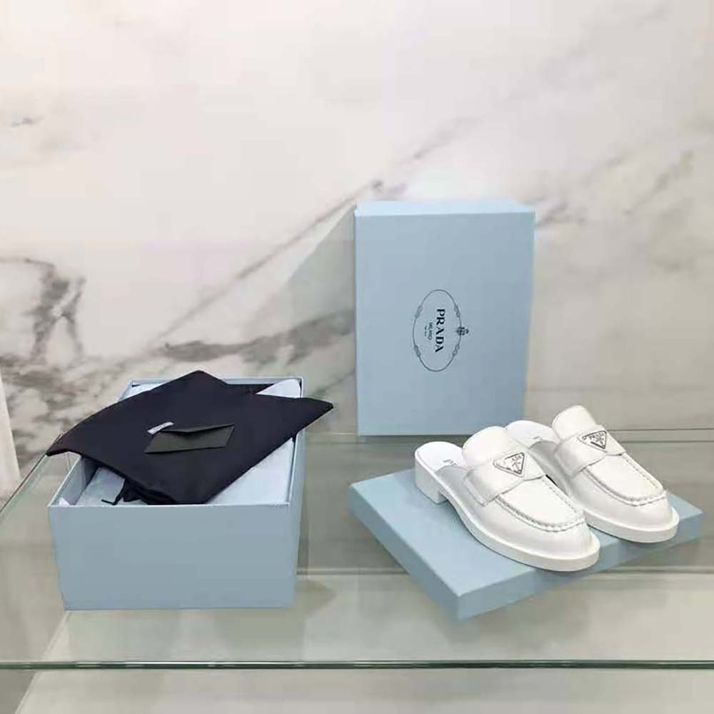 Prada Women Chocolate Brushed Leather Mules-White