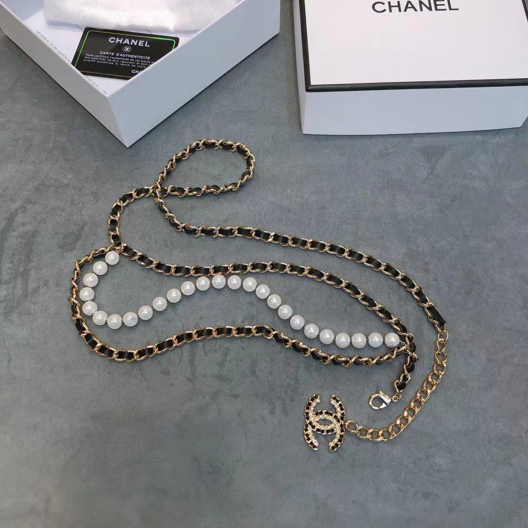 Chanel Women CC Chain Belt Lambskin Glass Pearls Gold-Tone Metal Strass Black