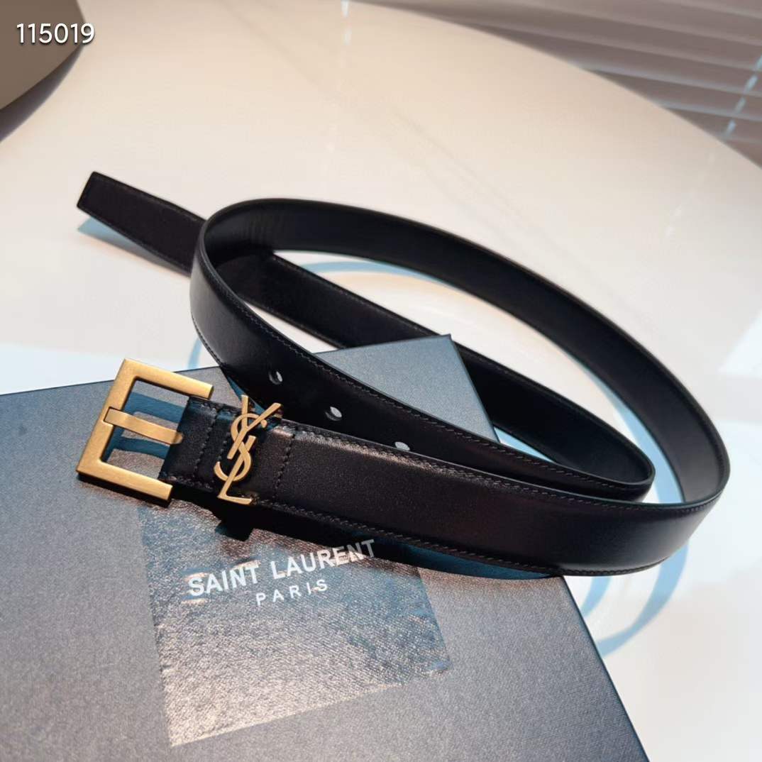 Saint Laurent YSL Women Cassandre Thin Belt Vegetable-Tanned Leather Black