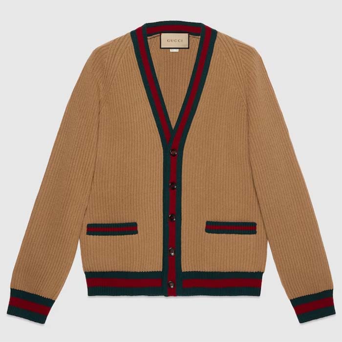 Gucci Women GG Knit Wool Cardigan Web V-Neck Long Sleeves