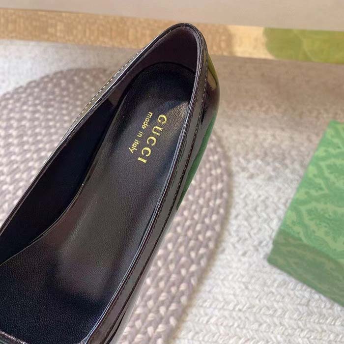 Gucci Women Ballet Flats GG Canvas Black Patent Leather Bow Sole Square Toe