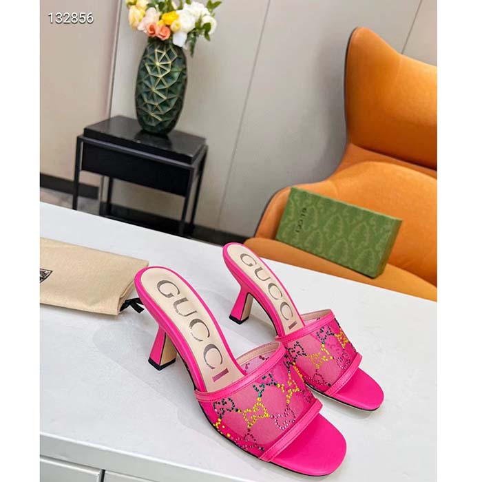Gucci Women GG Mid Heel Slide Sandal Fuchsia GG Crystal Mesh 7.4 CM Heel