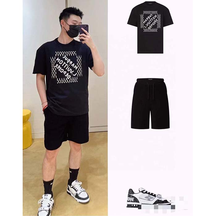 Louis Vuitton LV Men Embroidered Signature Cotton T-Shirt Ribbed Collar Black 1AFJFH