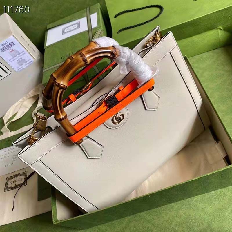 Gucci Women Gucci Diana Medium Tote Bag Double G White Leather Bamboo Handles