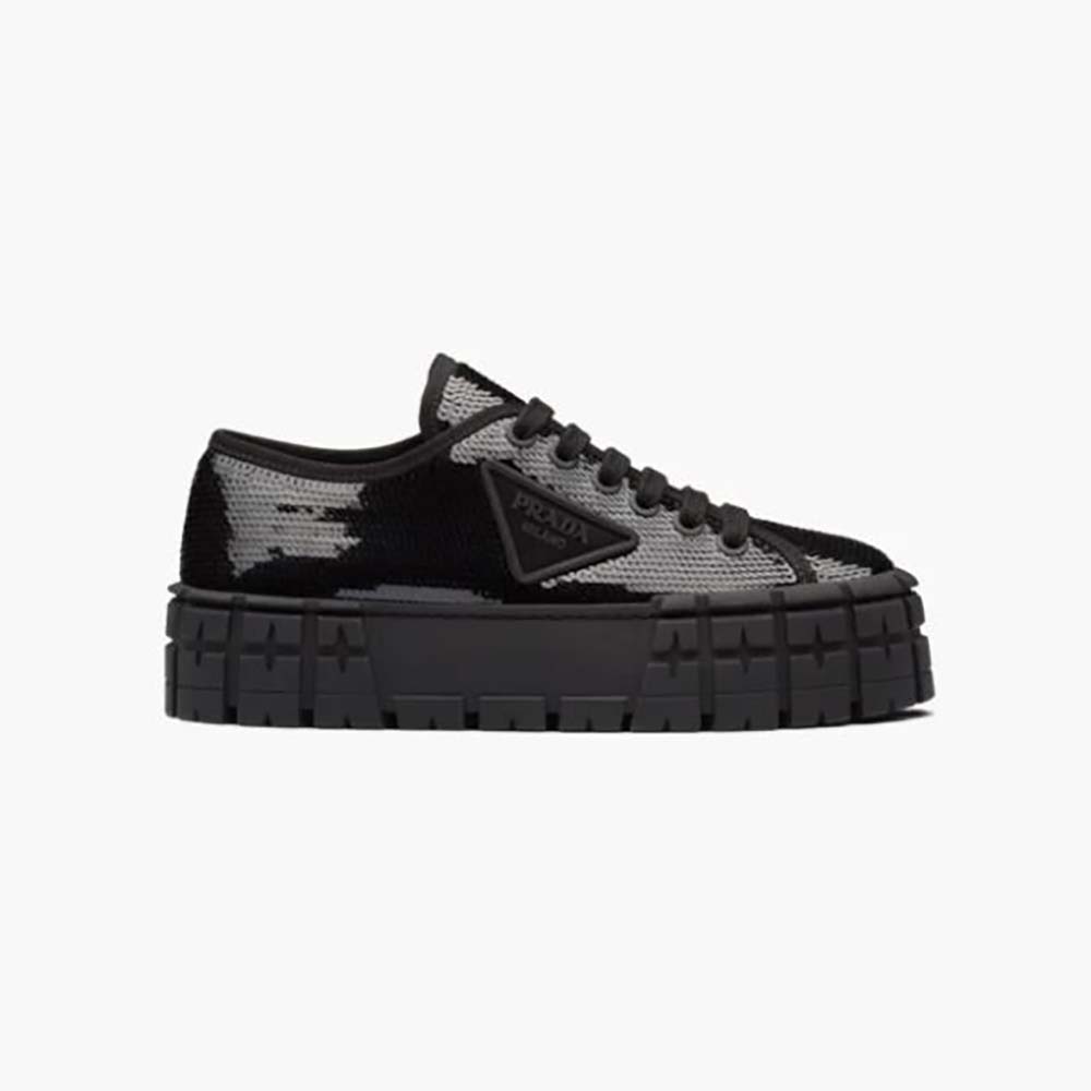Prada Women Double Wheel Sequin Sneakers-Black