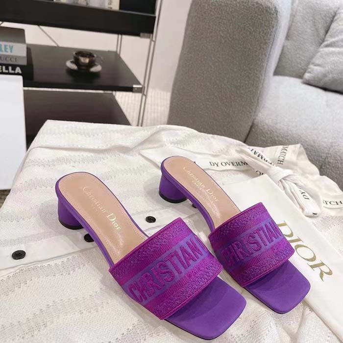 Dior Women Shoes Dway Heeled Slide Purple Embroidered Satin Cotton