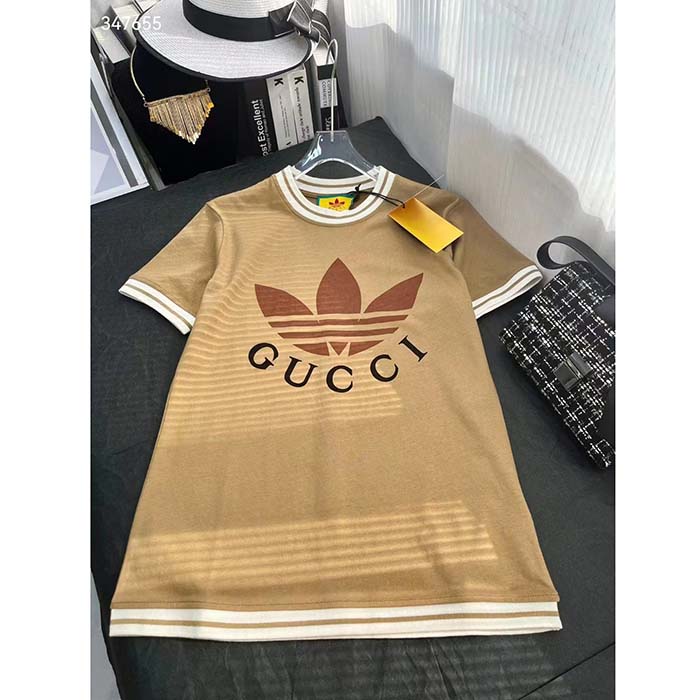 Gucci Women GG Adidas x Gucci Cotton T-Shirt Camel Jersey Trefoil Print Crewneck