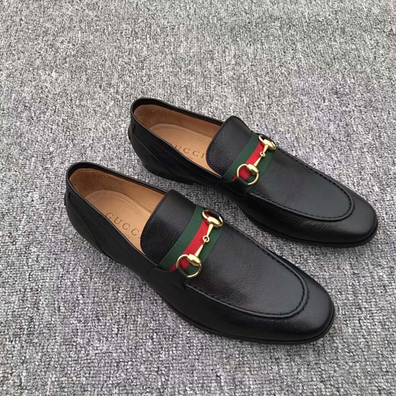 Gucci Men Horsebit Leather Loafer with Web Shoes Black