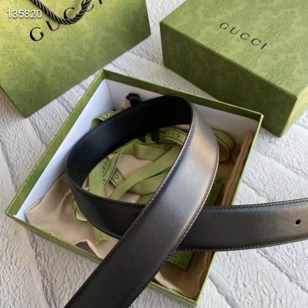 Gucci Unisex GG Leather Belt with Interlocking G Black 3.8 cm Width