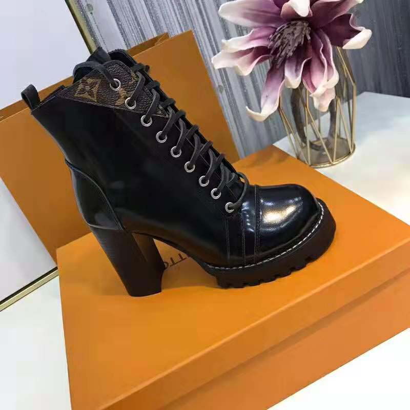 Louis Vuitton LV Women Star Trail Ankle Boot in Black Glazed Calf Leather with Monogram Canvas-Black