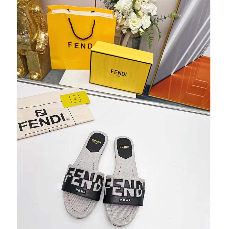 Fendi Women FF Signature Canvas Black Leather Slides 1 Cm Heel