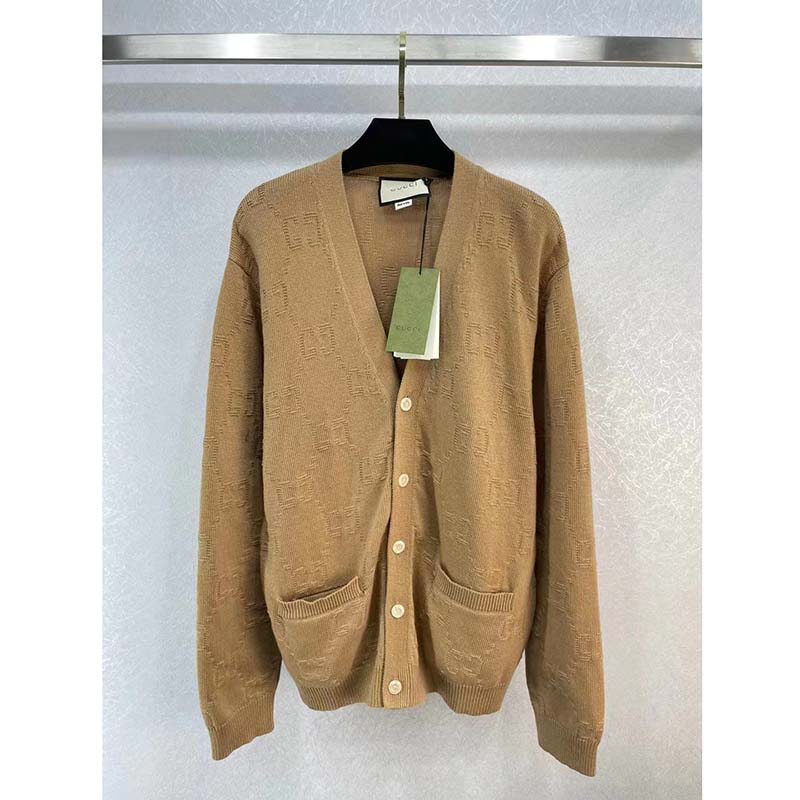 Gucci Women GG Wool Cardigan Beige V-Neck Collar Two Front Pockets