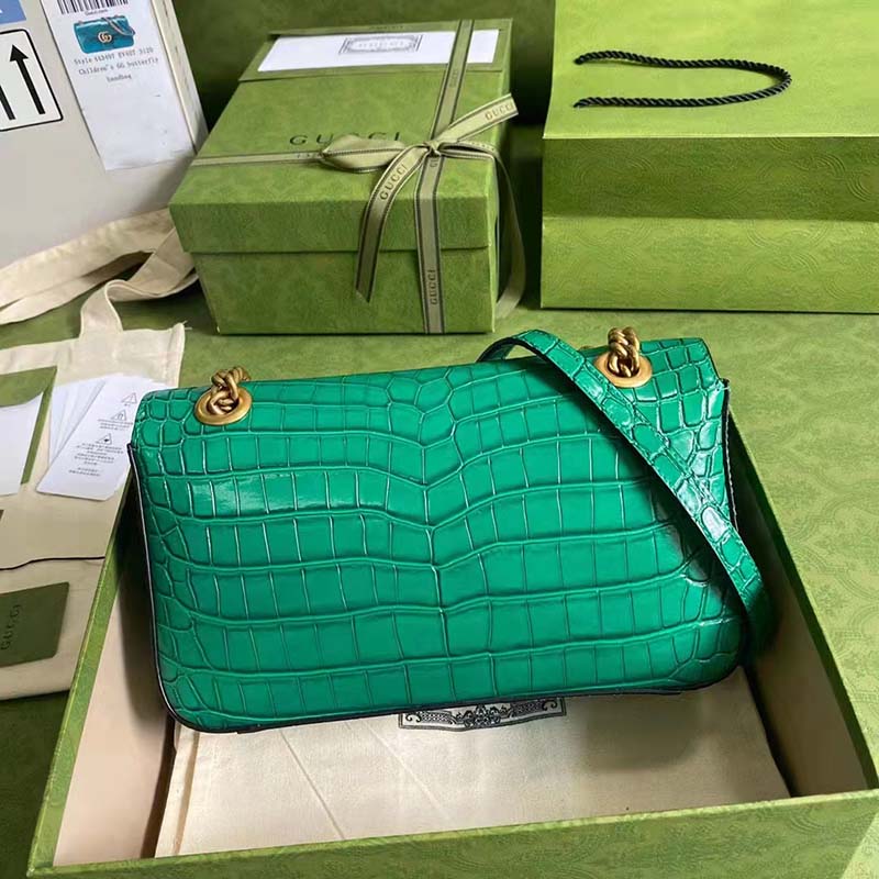Gucci Women GG Marmont Crocodile Small Shoulder Bag Green Double G