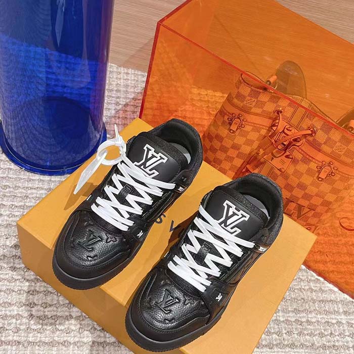 Louis Vuitton Unisex LV Trainer Sneaker Black Monogram-Embossed Grained Calf Leather