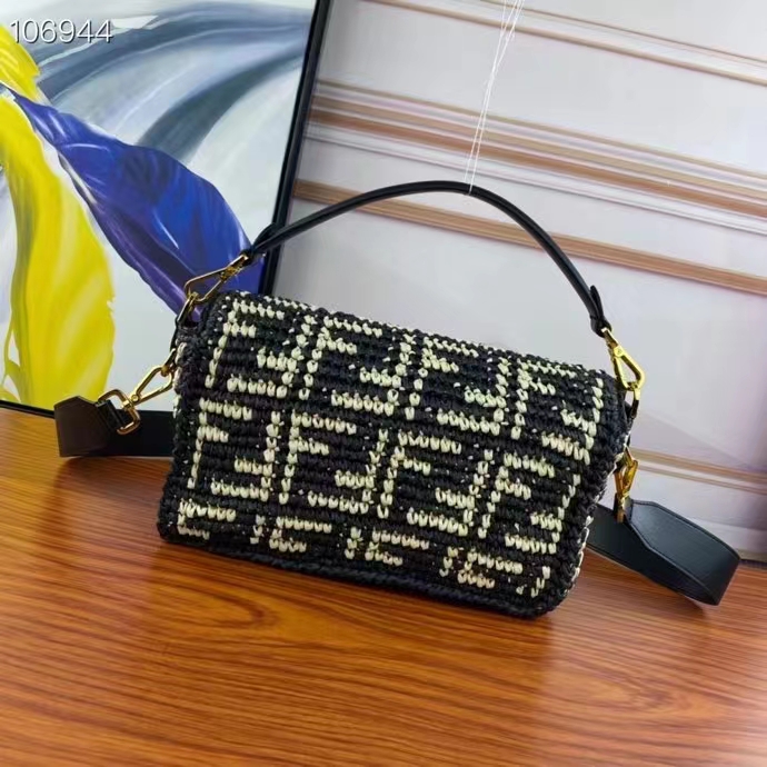 Fendi Women FF Baguette Black Raffia Back Crocheted FF