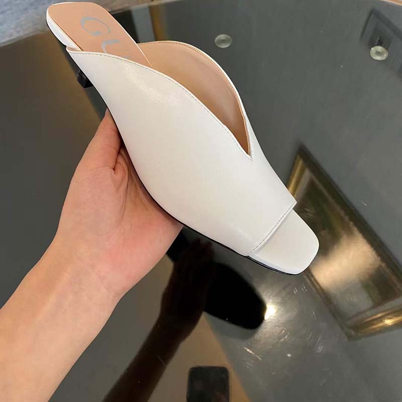 Gucci Women GG Low Heel Sandal White Leather Square Toe Leather Sole 3 Cm Heel