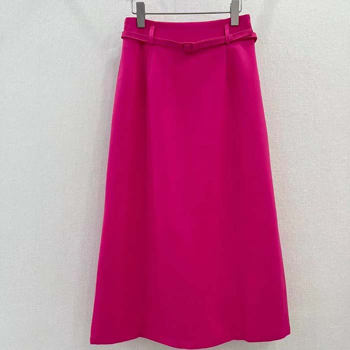 Dior Women CD Mid-Length Straight-Cut Skirt Passion Pink Wool Silk Waistband Side Vents