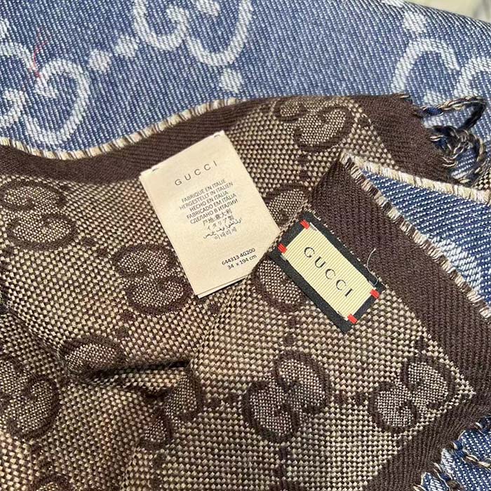 Gucci Unisex GG Jacquard Knit Scarf Tassels Navy Brown Wool