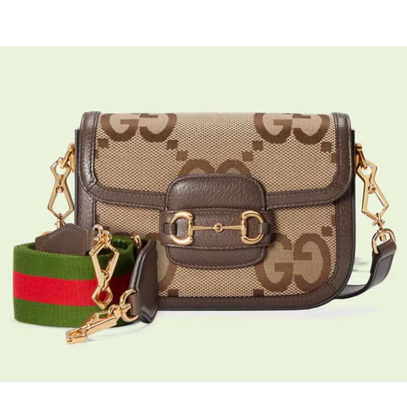 Gucci Unisex Horsebit 1955 Jumbo GG Mini Bag Camel Ebony Canvas
