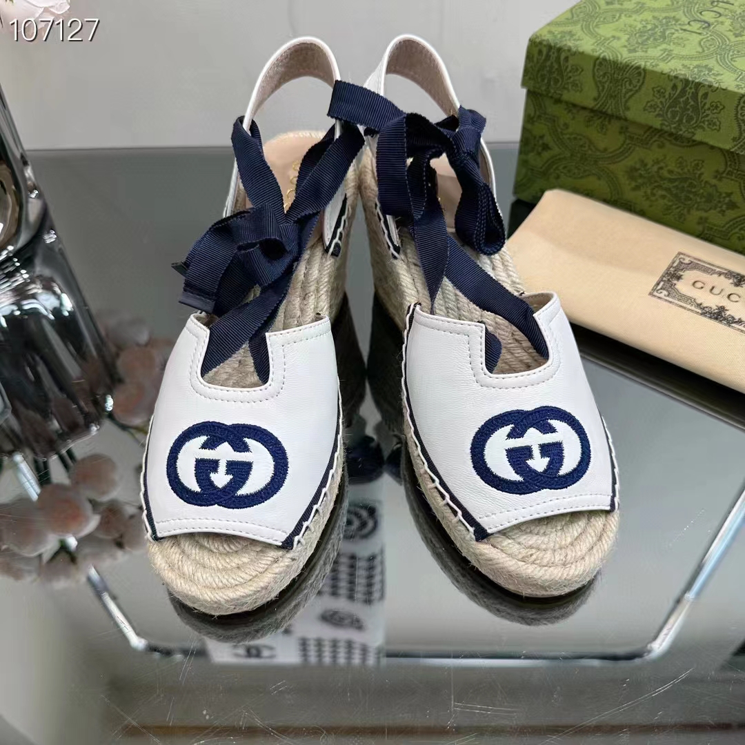 Gucci Women Espadrilles Ribbon Tie White Cotton Canvas Blue Interlocking G Embroidery