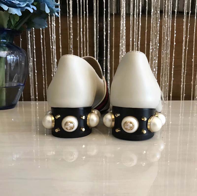 Gucci Women Leather Mid-Heel Loafer with Blue and Red Web-White