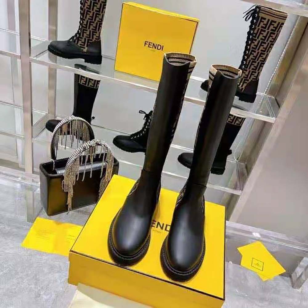 Fendi Women Rockoko Black Leather Ankle Boots with Stretch Fabric