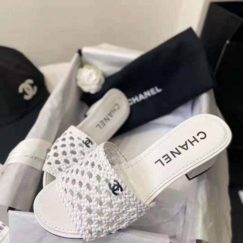Chanel Women Mules Shiny Braided Goatskin White 4.5 cm Heel