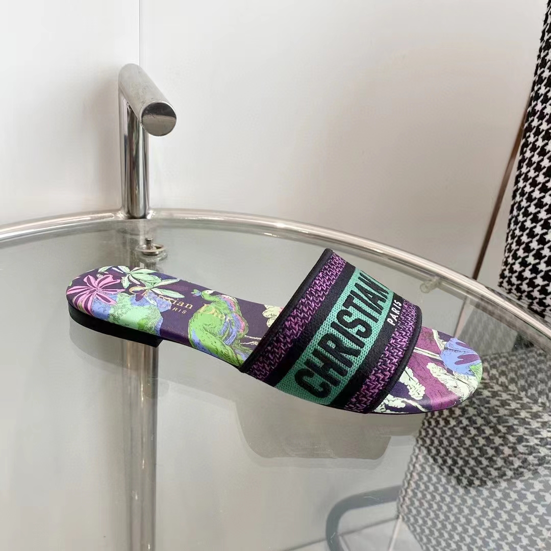 Dior Unisex CD Dway Slide Embroidered Cotton Purple Multicolor Toile De Jouy Voyage