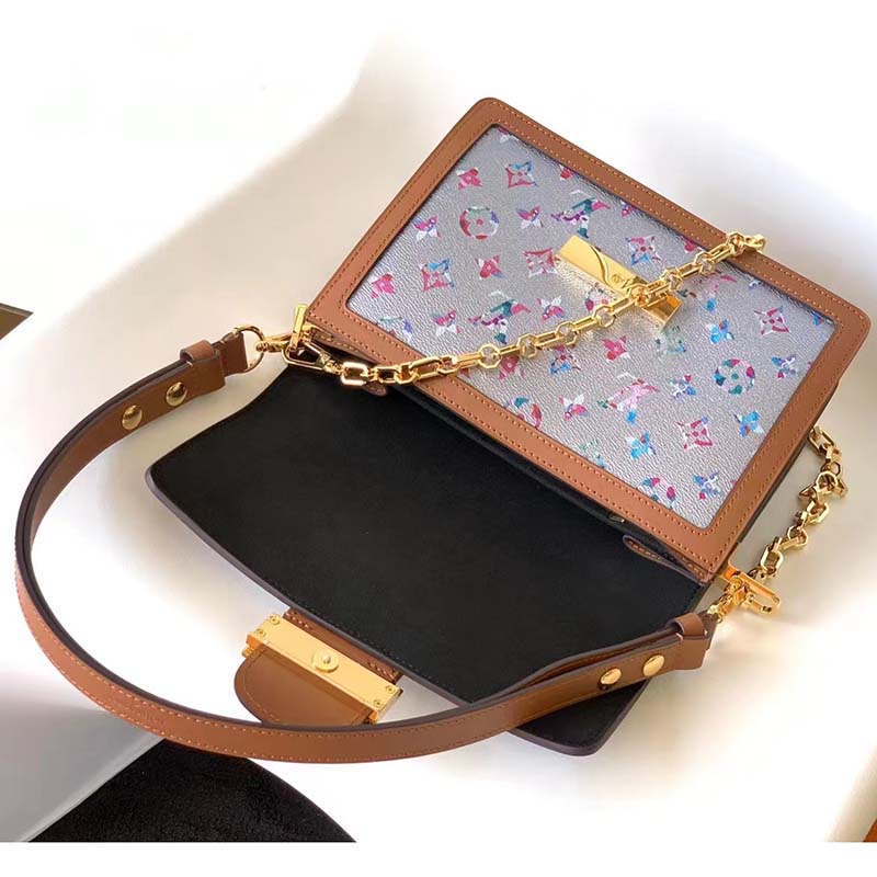 Louis Vuitton LV Women Dauphine MM Handbag Blue Coated Canvas Cowhide Leather