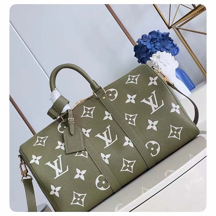 Louis Vuitton LV Unisex Keepall Bandoulière 45 Kaki Fango Cream Monogram Empreinte Embossed Cowhide Leather