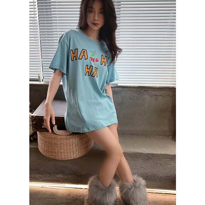 Gucci Women GG HA HA HA Cherry T-Shirt Light Blue Medium Cotton Jersey Crewneck