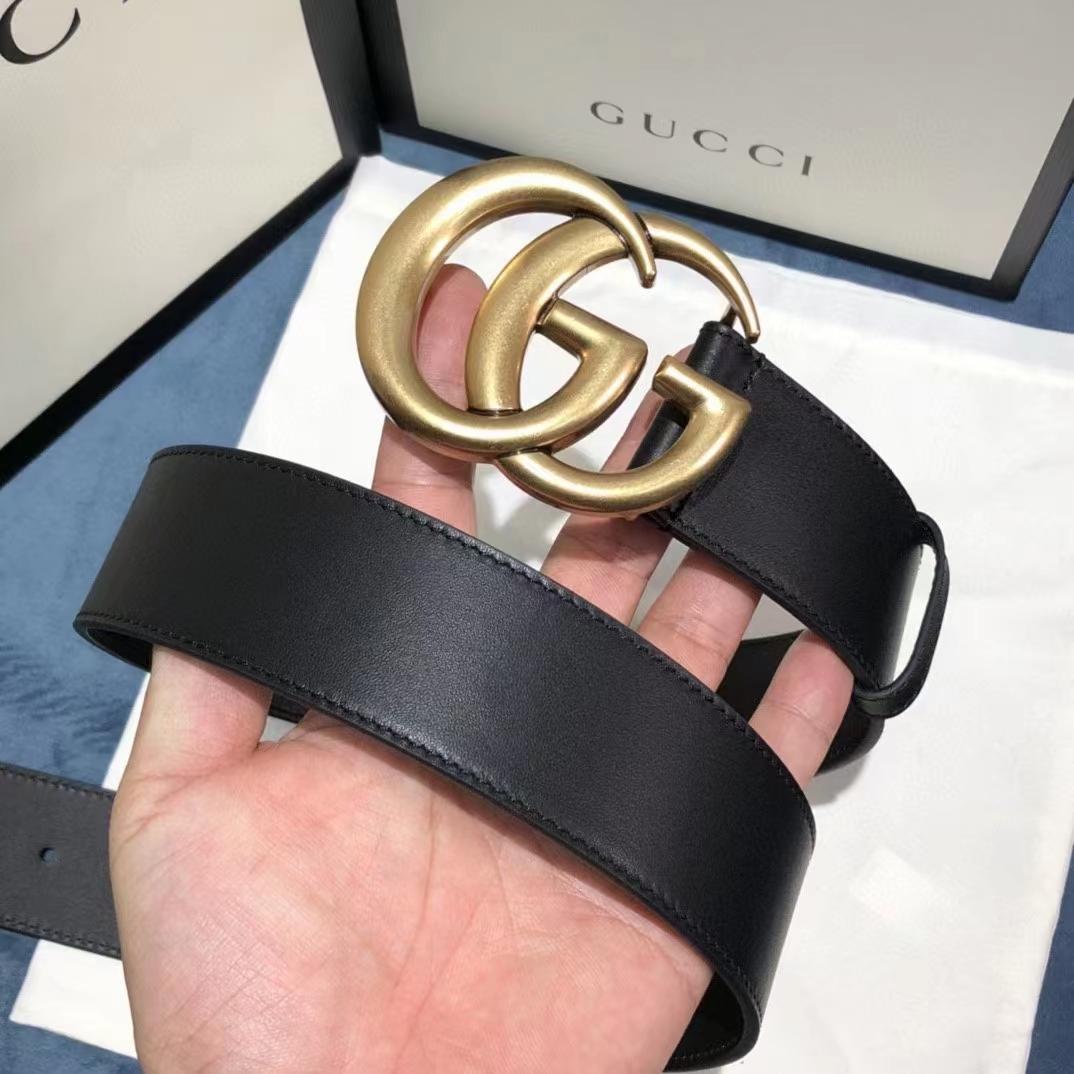 Gucci Unisex GG 2015 Re-Edition Wide Leather Belt Black Smooth Leather 3.8 CM Belt Width