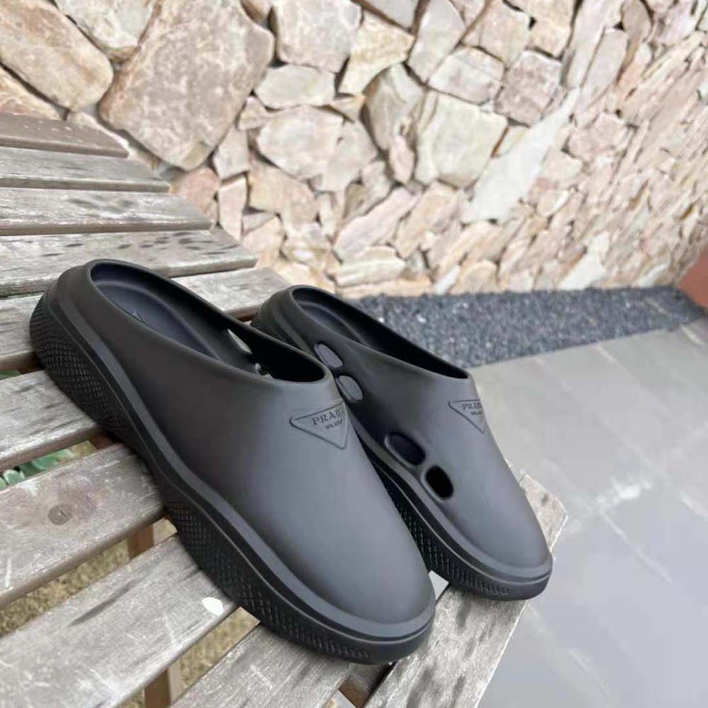 Prada Women Foam Rubber Mules With Embossed Rubber Triangle Logo-Black