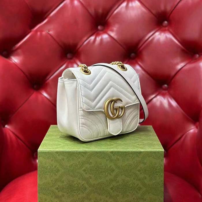 Gucci Women GG Marmont Matelassé Mini Tote Bag White Chevron Leather Double G
