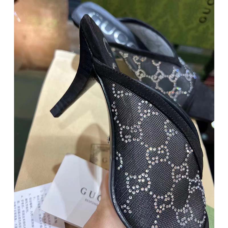 Gucci Women Sandal Black Mesh GG Crystals Square Toe Mid Heel 8 Cm Heel